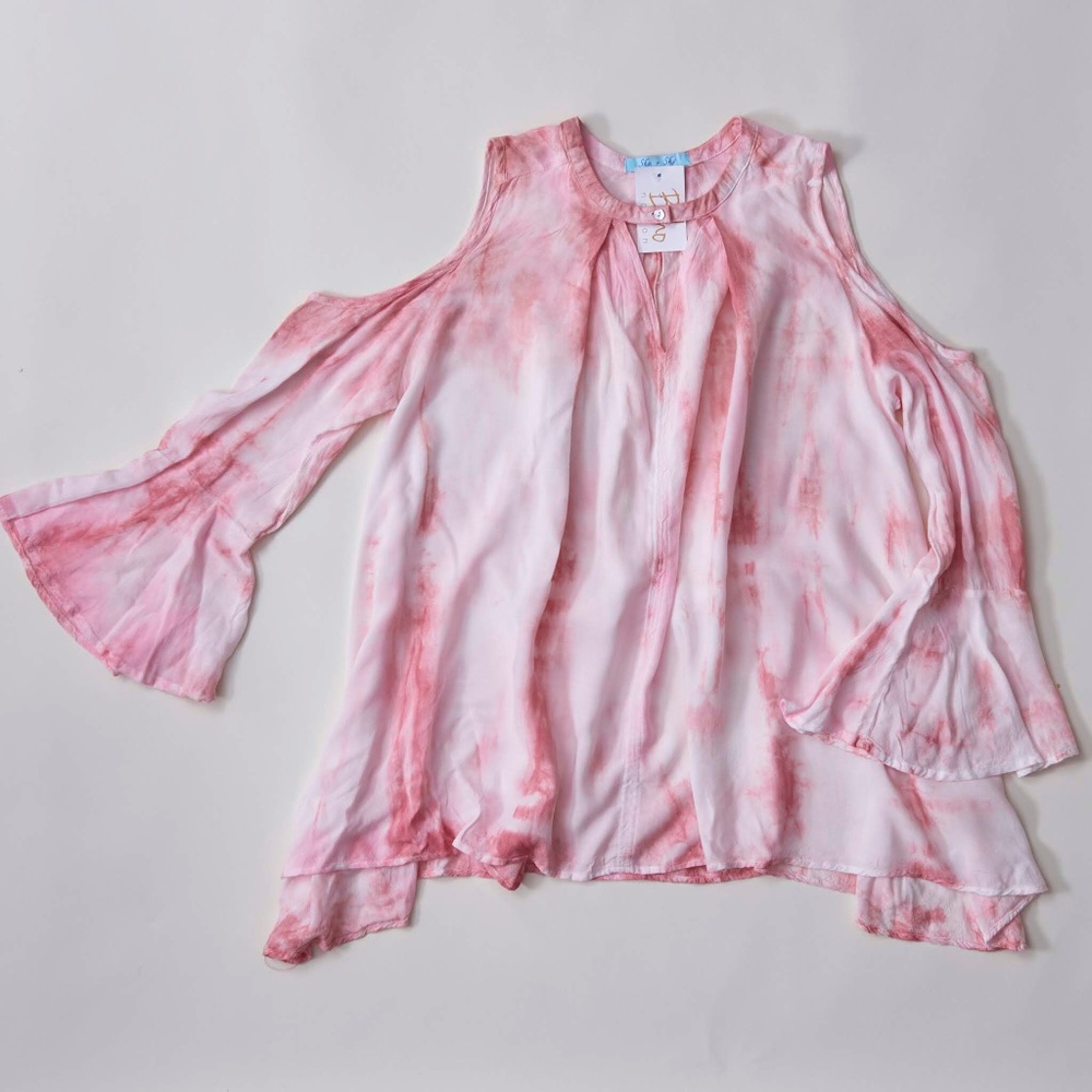 Cold Shoulder Bell Sleeve Tie Dye Ombré Top